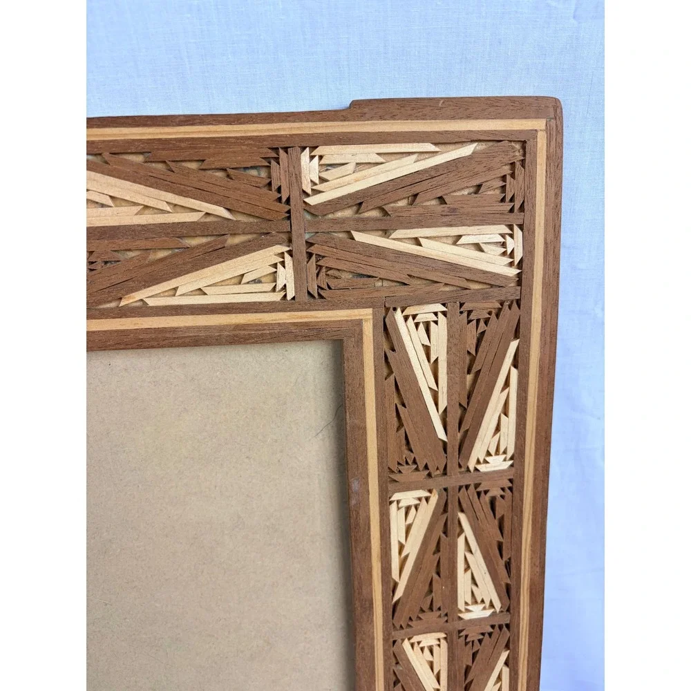 Set of 3 Vintage Straw Marquetry Wood Picture Frames Geometric Boho Home Decor